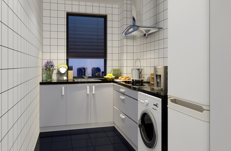 厨房：公寓的主色调是白色，但是厨房的墙选择了格子的样式，加上使用的是暖光，打造出来的视觉感就不会让人觉得冷淡，反而是温暖和可爱。
